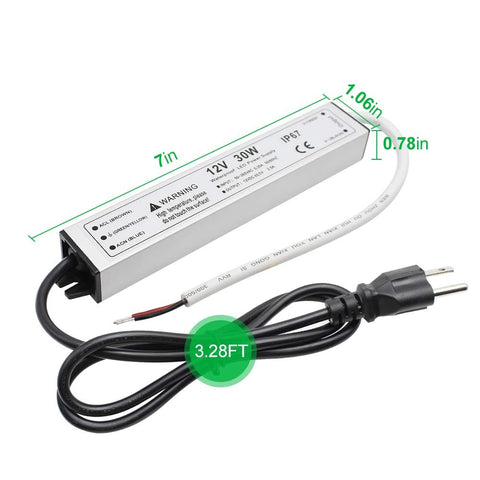 30W 12 Volt LED Power Supply IP67 Waterproof LED Driver 110V AC To 12V DC Converter With 3 Prong Plug And 3.3 Feet Cable