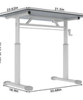 No Fuss Manual Crank Standing Desk That Dials Height Quick For Smooth Sit To Stand Workstation in Charcoal Gray with dimensions.