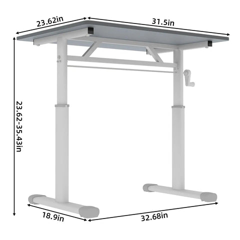 No Fuss Manual Crank Standing Desk That Dials Height Quick For Smooth Sit To Stand Workstation in Charcoal Gray with dimensions.