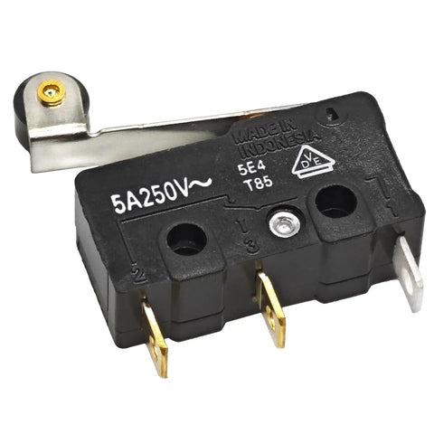 Pack Of Six Microswitch With SPDT Contacts 125V AC 5A Momentary Snap Action Hinge Roller Actuator IP40, compact black casing with roller lever.