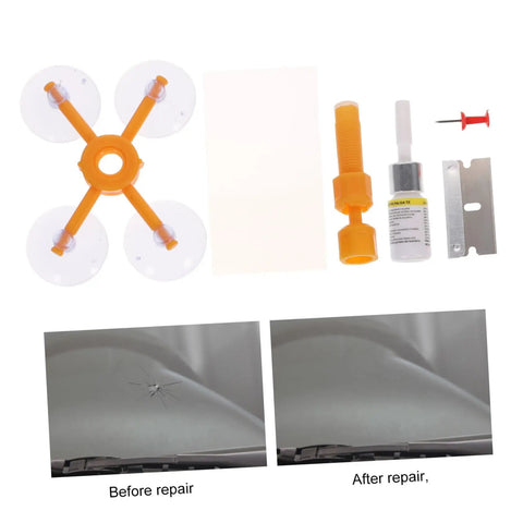 Windshield Repair Kit For Cars, Quick Easy Crack Fix For Laminated Auto Glass, showing kit contents and before-after repair results