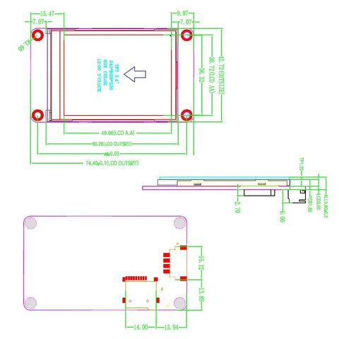 Nextion Enhanced 2.4 Inch HMI Display With Resistive Touch Screen 5V TFT LCD 320x240 For Arduino ESP32 Projects Plug And Play UI Module For Makers And Hobbyists NX3224K024, dimension drawing