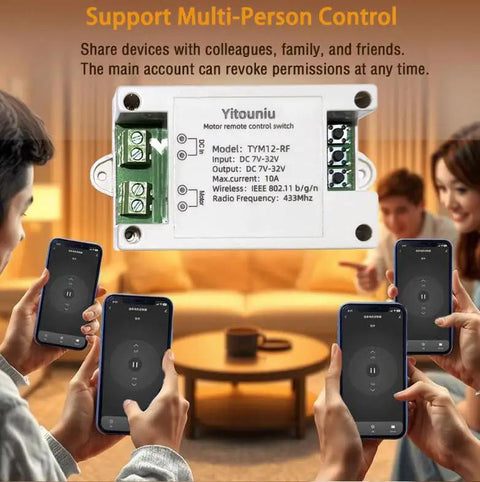 Smart WiFi and Bluetooth DC motor controller with timer and voice control on table, multiple phones showing app for remote access.