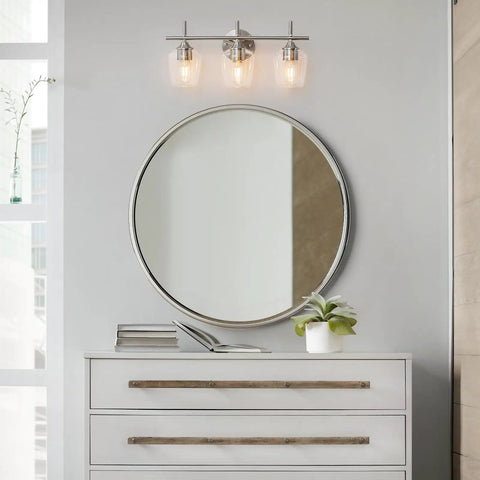 Slick 3 Light Modern Bathroom Vanity Light Fixtures Over Mirror With Clear Glass Shade Nickel Brushed Finish Wall Sconce Lamp
