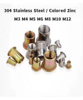 Solid Flat Head Threaded Insert Nut With Knurled Body For Secure Rivet Installations In Metal, Wood, And Plastic Plates in M3 to M12 sizes.