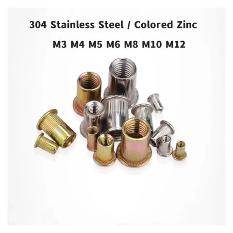 Solid Flat Head Threaded Insert Nut With Knurled Body For Secure Rivet Installations In Metal, Wood, And Plastic Plates in M3 to M12 sizes.