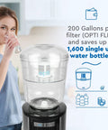 Three Gallon Alkaline Water Jug Filter for Top Load Dispensers Delish Hydration shown on a black dispenser, with woman drinking water.