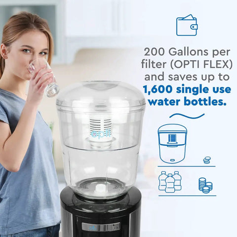 Three Gallon Alkaline Water Jug Filter for Top Load Dispensers Delish Hydration shown on a black dispenser, with woman drinking water.