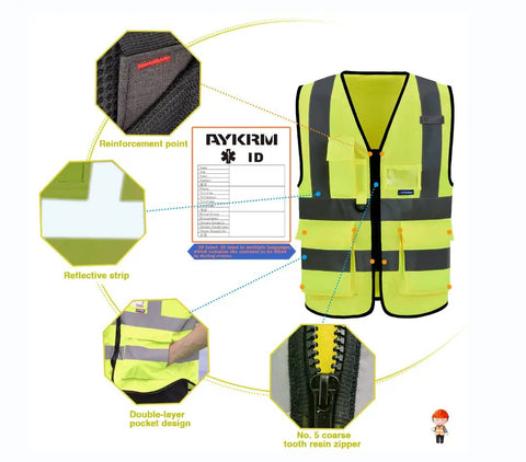 Five Pack Hi Vis Construction Vests Size XXL With 7 Pockets And 360 Degree Reflective Strips Lightweight 100 Percent Polyester