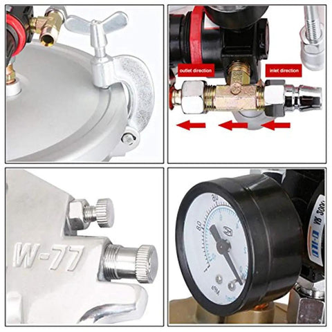 Pro Grade Heavy Duty 15 Liter Pneumatic Pressure Paint Spray Gun For Smooth Marble Coatings And Metallic Lacquer Spraying parts close-up showing connections and gauge.