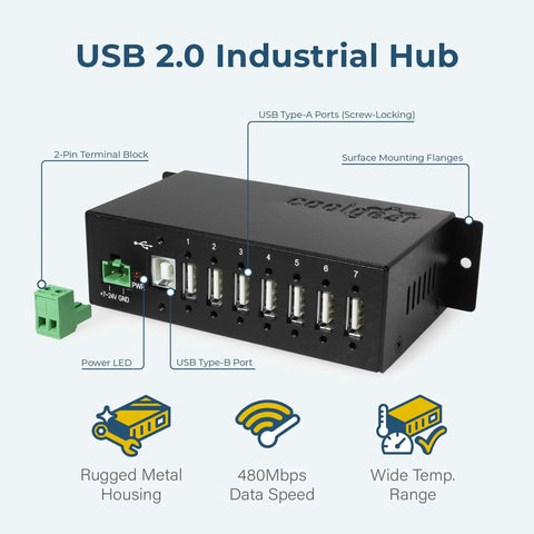 Industrial Seven Port USB Two Point Zero Hub With NEC Chip, showing ports, terminal block, and surface mounting flanges.