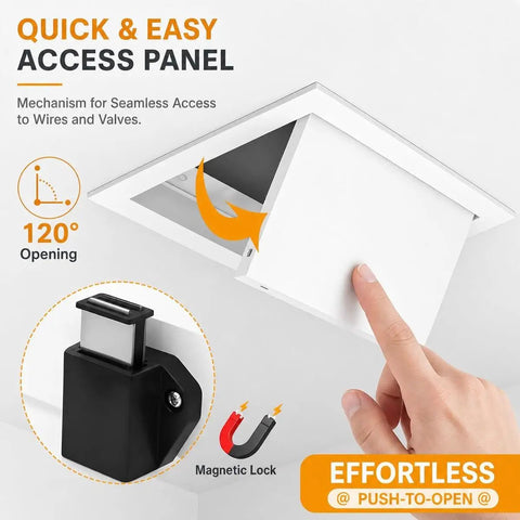 Rock Solid Aluminum Push To Open Access Panel For Drywall, 120° opening and magnetic lock, easy access to plumbing.