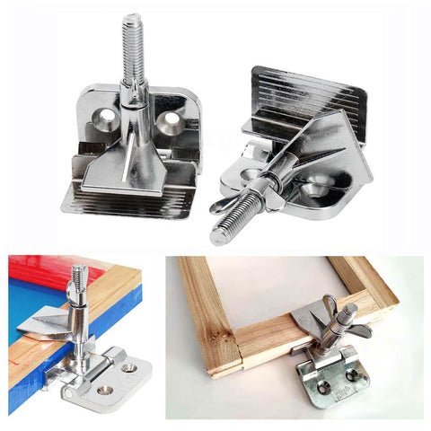 Two Pack Butterfly Frame Hinge Clamp Set for screen printing, heavy-duty zinc alloy, shown securing screen and wooden frames