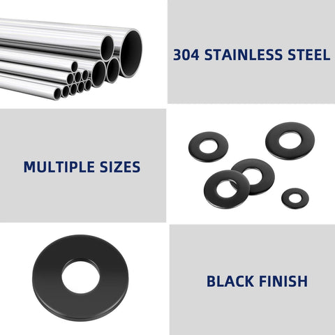 MewuDecor stainless flat washers, black finish, 10 pcs, multiple sizes; 304 stainless steel.