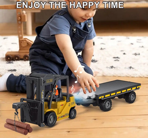 Child playing with Remote Control Forklift With Flatbed Truck 11 Channel RC Crane Toy With Realistic Lights And Sound Lit 2 In 1