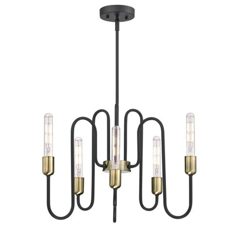 Six-Light Indoor Chandelier in Matte Black with Antique Brass Accents, sloped-ceiling ready, 23.5-inch diameter, 16.25-inch height