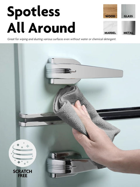 Spotless All Around microfiber cloths, 60-pack; 12x12 towels used to wipe metal door hardware; scratch-free icon.