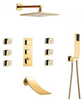 Heavy Duty Gold Thermostatic Shower System That Runs Flawless With 16 Inch Rainhead And Angled Handheld Sprayer, wall-mounted faucet kit.