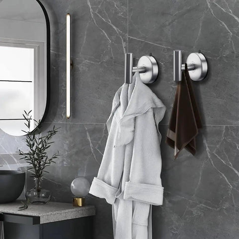 Heavy Duty Suction Cup Hooks Set Of 2 For Bathrooms with towels hung, brushed nickel finish, on gray tiled bathroom wall
