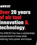 Display text: 'Over 20 years of air tool innovation & technology' from AIRCAT highlighting noise reduction and enhanced power.