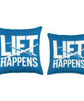 Funny Sailplane Pilot Throw Pillow For Soaring Lovers Glider Lift Fans Cushion For Ridge Soaring Towplane Launches And Final Glide Enthusiasts Home Decor For Aviation Nerds And Club Pilots shown in blue, featuring 'Lift Happens' text design.