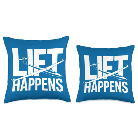 Funny Sailplane Pilot Throw Pillow For Soaring Lovers Glider Lift Fans Cushion For Ridge Soaring Towplane Launches And Final Glide Enthusiasts Home Decor For Aviation Nerds And Club Pilots shown in blue, featuring 'Lift Happens' text design.