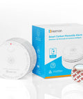 Smart Carbon Monoxide Detector With Matter Thread Real Time Alerts UL 2034 5th Edition Certified Wireless Battery Powered Mini Home CO Alarm Compatible With SmartThings And Home Assistant, with packaging and 3M adhesive.