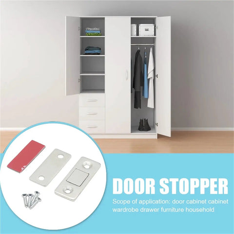 Magnetic Cabinet Catches 10 Pack Invisible Soft Catch Door Latches with Screws in front of open white cabinet with clothes.