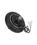 Eight Inch Electric Scooter Hub Motor Drop In Replacement with bulletproof tire, showing wiring connections and rubber tread detail.