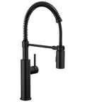 Heavy Duty Slick Finish Kitchen Faucet With Smooth Pull Down Spray Single Handle Matte Black Build, side view showcasing flexible sprayer.