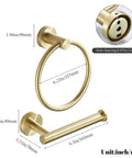 Brushed Gold Toilet Paper Holder And Towel Ring Set All In One Stainless Steel Wall Mount Bathroom Hardware Two Piece With 180 Degree Rotating Ring And Easy No Brainer Horizontal Or Vertical Install 16 Inch Length, dimensions shown