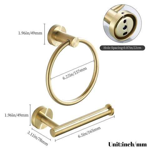Brushed Gold Toilet Paper Holder And Towel Ring Set All In One Stainless Steel Wall Mount Bathroom Hardware Two Piece With 180 Degree Rotating Ring And Easy No Brainer Horizontal Or Vertical Install 16 Inch Length, dimensions shown
