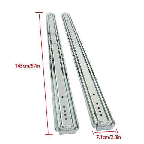Beefy 56 Inch Heavy Duty Drawer Slides With 500 Pound Capacity Locking Full Extension Ball Bearing Rails For Tool Chests Workbenches Trucks And RV Cabinets, shown as two parallel metal rails with measurements indicated.