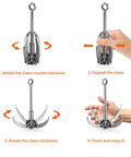 Steps to unfold Stainless Steel 4 Claw Grappling Hook With Carabiner And 65ft 8mm Nylon Rope for camping and hiking