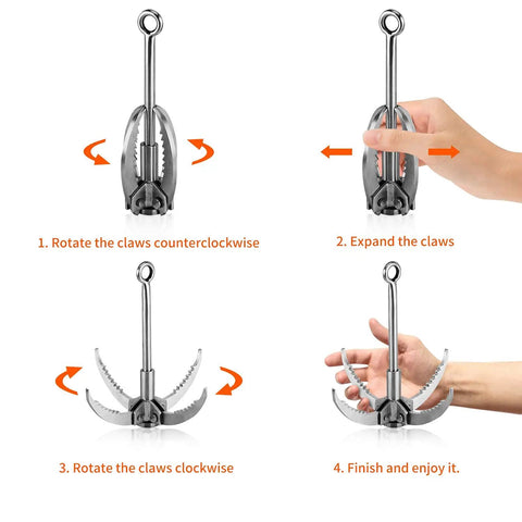 Steps to unfold Stainless Steel 4 Claw Grappling Hook With Carabiner And 65ft 8mm Nylon Rope for camping and hiking