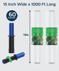 Two Pack Clear Stretch Wrap With Handle Dispenser 15 Inch By 1000 Feet Heavy Duty Industrial Packing Film 60 Gauge displayed with handles.