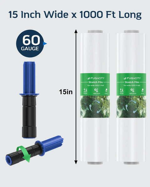 Two Pack Clear Stretch Wrap With Handle Dispenser 15 Inch By 1000 Feet Heavy Duty Industrial Packing Film 60 Gauge displayed with handles.