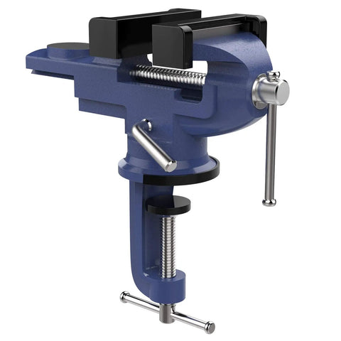 Beefy Clamp On Table Vise With 360 Degree Swivel Base For Woodworking And Metalworking, Jaw Width Two Point Seven Five Inches