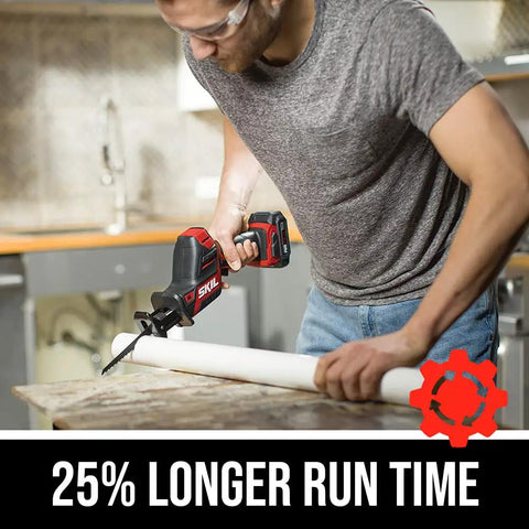 Person using Badass Brushless 12 Volt Reciprocating Saw Kit With Quick Charge Battery to cut PVC pipe.