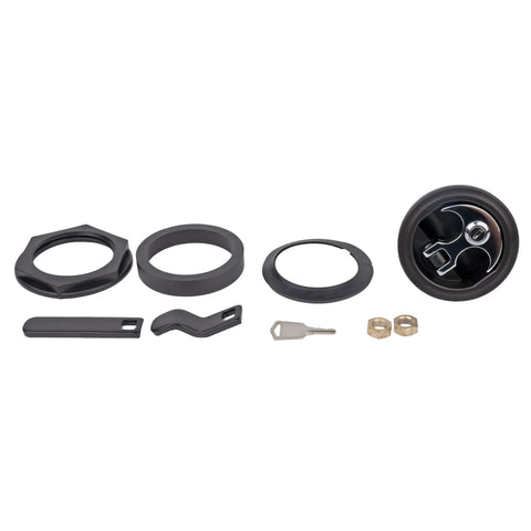 Anchor Handle Lock for Boat Lids Black No Fuss Install Waterproof With Stainless Steel Stem Fits Aluminum Fiberglass And Carpeted Surfaces Gasket Included, showing all components.