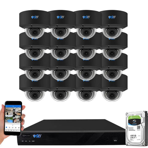 16 Channel 6K NVR Security System With 16 8MP 4K UHD IP PoE Cams on display, remote app shown on smartphone, hard drive included.