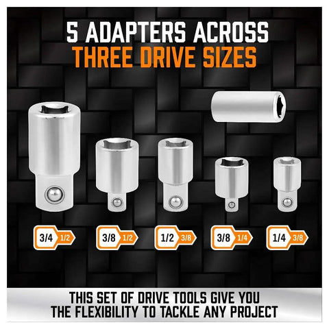 Five adapters from 20 Piece Socket Extension Bar Set With One Quarter Inch, Three Eighths Inch And One Half Inch Drives displayed