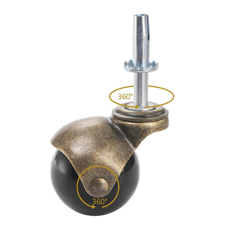 Eight Pack Two Inch Ball Caster Wheels With Swivel Stem In Antique Brass For Furniture Chairs Sofas And Cabinets, close-up view