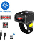 Ring Style 2D Barcode Scanner For All Day Wear Hands Free Portable Bluetooth Ring Reader For 1D And 2D Barcodes With Screen Scanning Support And 2.4GHz Wireless And Wired Connectivity, showing vibration alert, QR codes, USB connectivity.