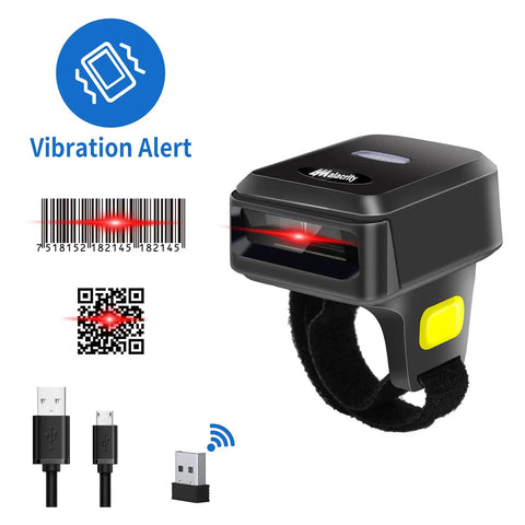 Ring Style 2D Barcode Scanner For All Day Wear Hands Free Portable Bluetooth Ring Reader For 1D And 2D Barcodes With Screen Scanning Support And 2.4GHz Wireless And Wired Connectivity, showing vibration alert, QR codes, USB connectivity.