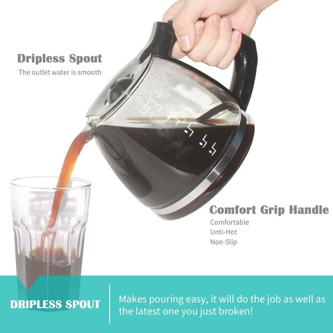 Pouring coffee from 14 Cup Replacement Carafe Compatible With Black And Decker Coffee Maker CM1160B CM1160W into a glass