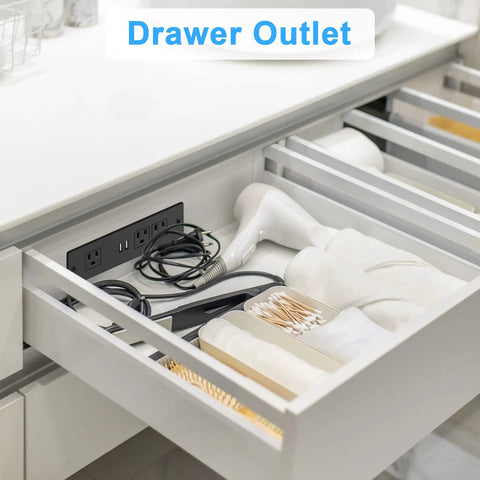 Recessed Desk Power Strip With USB Ports And Flush Mount 6ft Cord, 3 AC Outlets Plus 2 Fast Charge USB Ports inside drawer