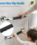 Rock Solid Stainless Steel Shower Grab Bars Two Pack With Thick Silicone Anti Slip Sleeve That Cradles Your Hand For Totally Secure Bathroom Safety Rails And Zero Sweat Grip being used by an adult and child.