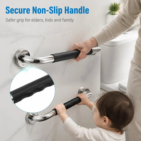 Rock Solid Stainless Steel Shower Grab Bars Two Pack With Thick Silicone Anti Slip Sleeve That Cradles Your Hand For Totally Secure Bathroom Safety Rails And Zero Sweat Grip being used by an adult and child.