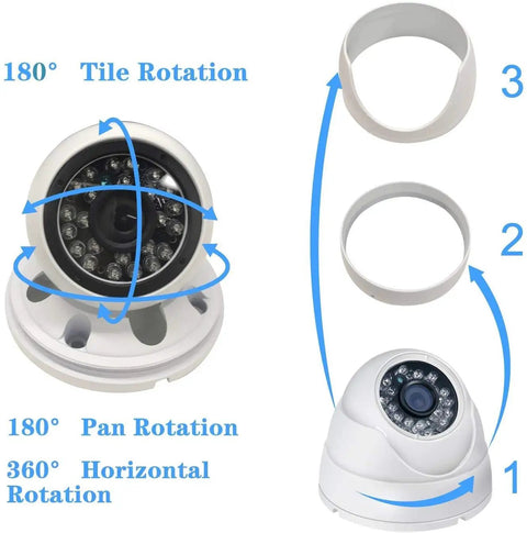 Diagram of adjustable 5MP Full Color Night Vision Dome Security Camera With Visible White LED Lights Outdoor Metal Housing Built Tough For 65ft Night Vision 2.8mm Wide Viewing Angle TVI CVI AHD Compatible Works With 5MP And 8MP DVR Only.